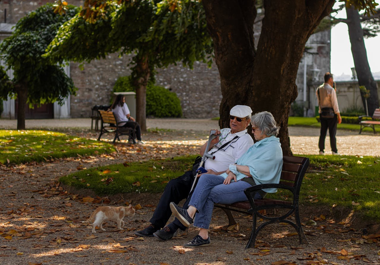 Elderly couple sitting under a tree, enjoying a peaceful afternoon in the park.